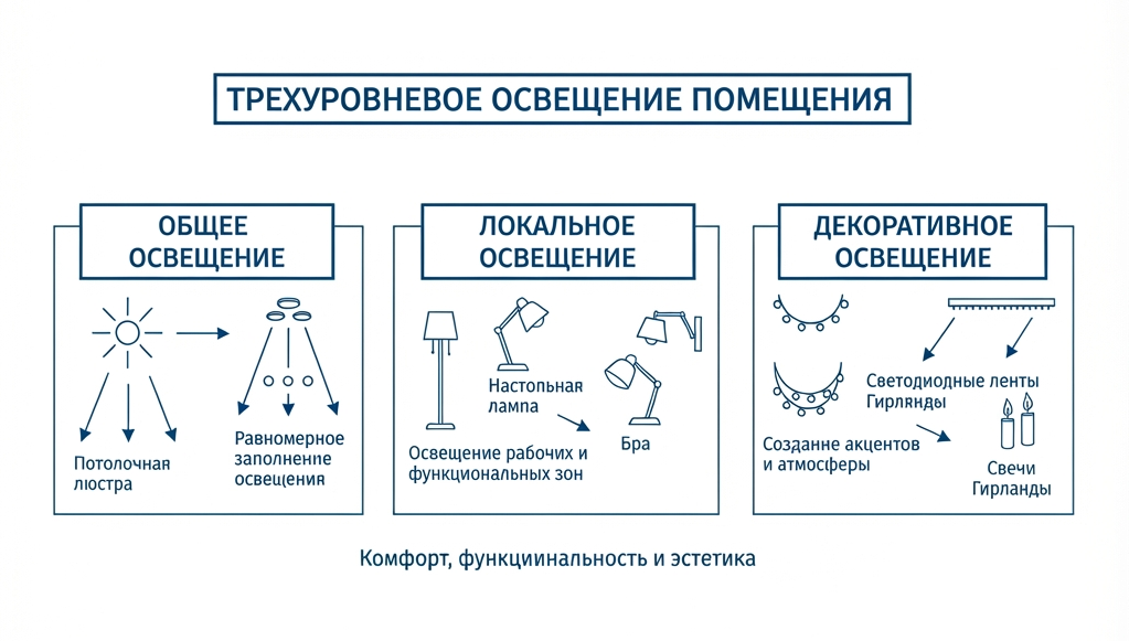 Схема трехуровневого освещения помещения