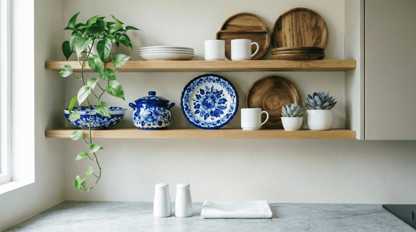 Открытые полки на уютной кухне